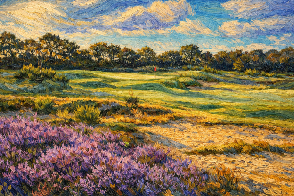 golfbaan met bloeiende hei